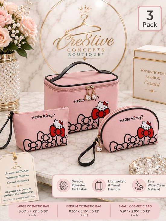 Hello Kitty Handbags - Hello Kitty 3PC Cosmetic Travel Bag Set Makeup Organizer Toiletry Case